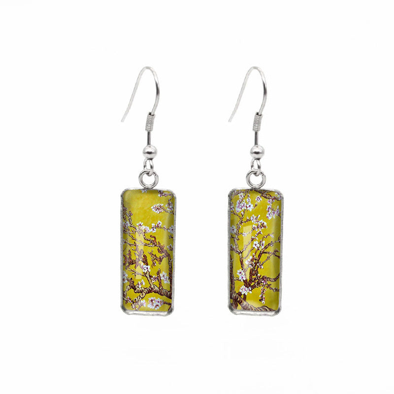 Wholesale Blooming Apricot Blossom Time Gemstone Rectangular Glass Earrings